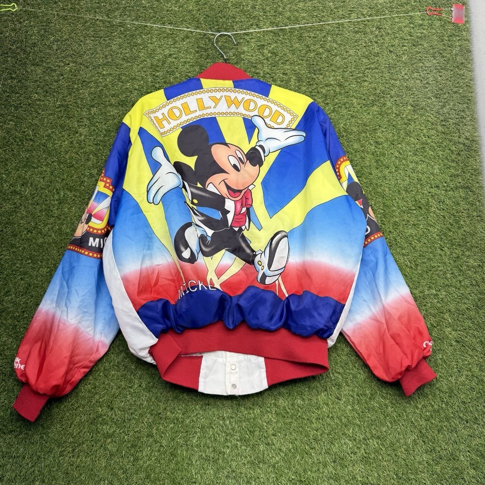 Disney Mickey Mouse Hollywood Satin Jacket Mens XL AOP Snap Close 90s Vintage